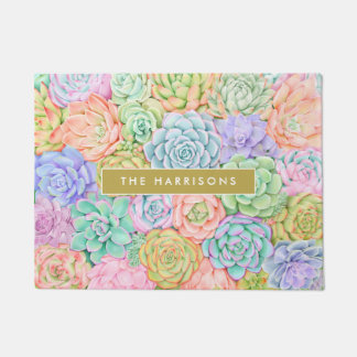 Monogram Succulents Watercolor Colourful Pastel Doormat