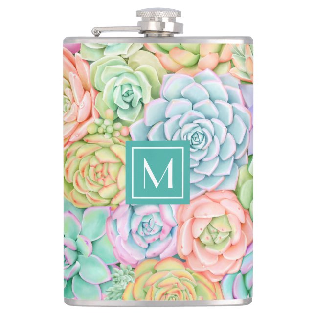 Monogram Succulents Watercolor Colourful Pastel Hip Flask (Front)