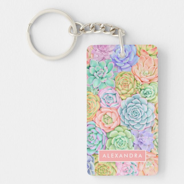 Monogram Succulents Watercolor Colourful Pastel Keychain (Front)