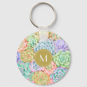 Monogram Succulents Watercolor Colourful Pastel Keychain
