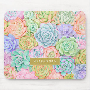 Monogram Succulents Watercolor Colourful Pastel Mouse Pad