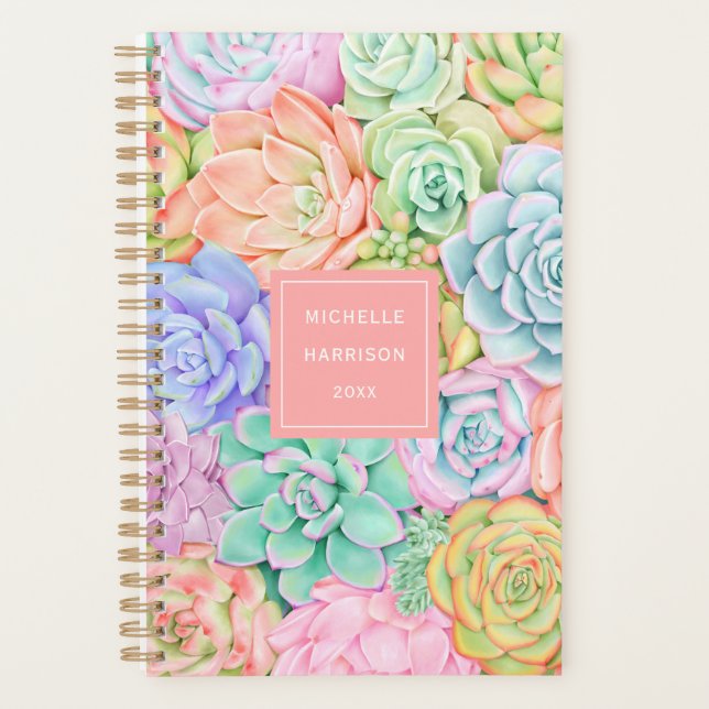 Monogram Succulents Watercolor Colourful Pastel Planner (Front)