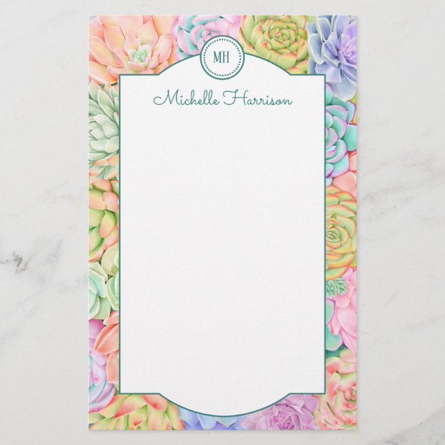 Monogram Succulents Watercolor Colourful Pastel Stationery (Front)