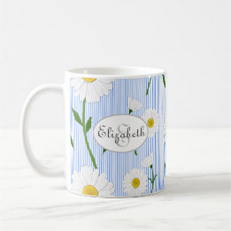 Monogram Summer Daisies Pattern Light Blue Stripe Coffee Mug