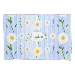 Monogram Summer Daisies Pattern Light Blue Stripe Pillowcase
