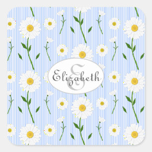 Monogram Summer Daisies Pattern Light Blue Stripe Square Sticker