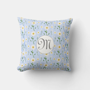 Monogram Summer Daisy Floral Pattern Blue Stripe Throw Pillow
