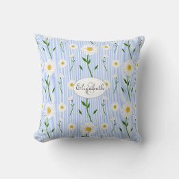Monogram Summer Daisy Flower Pattern Blue Stripe Throw Pillow