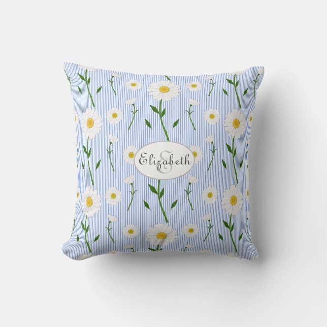 Monogram Summer Daisy Flower Pattern Blue Stripe  Throw Pillow (Front)