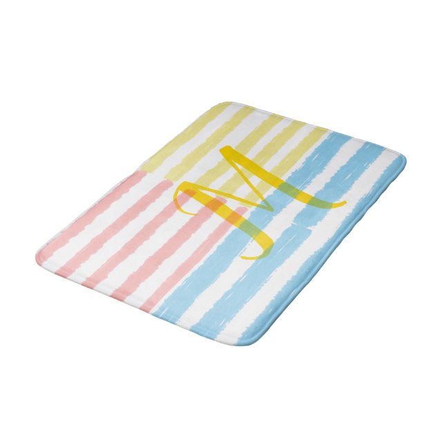 Monogram Summer Pink Blue Yellow Stripes Bath Mat (Angled)