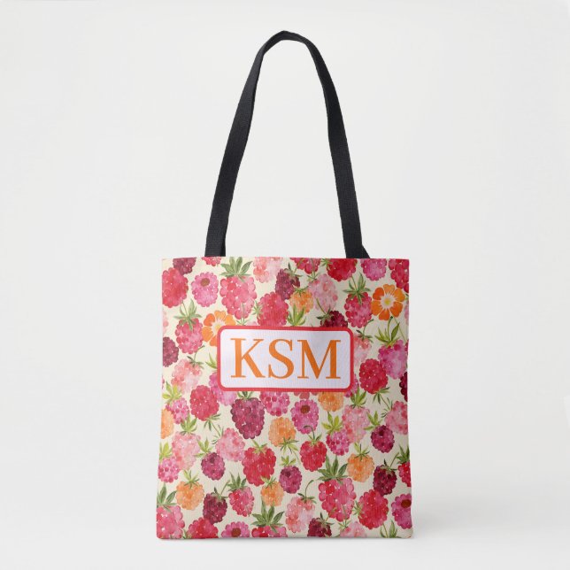 Monogram Summer Raspberry Watercolor Coquette Tote Bag (Front)