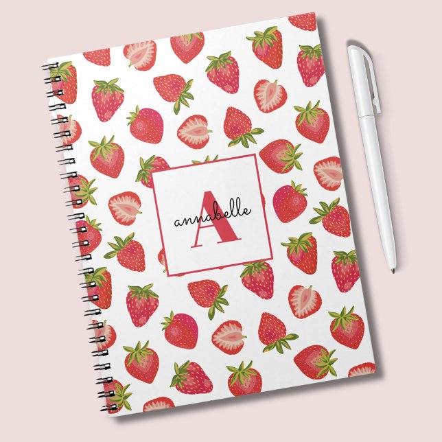 Monogram Summer Strawberry Personalized Notebook (Strawberry notebook with monogram and first name.)