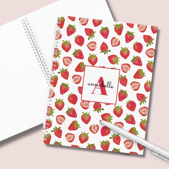 Monogram Summer Strawberry Personalized Notebook (Strawberry spiral notebook with monogram and first name.)