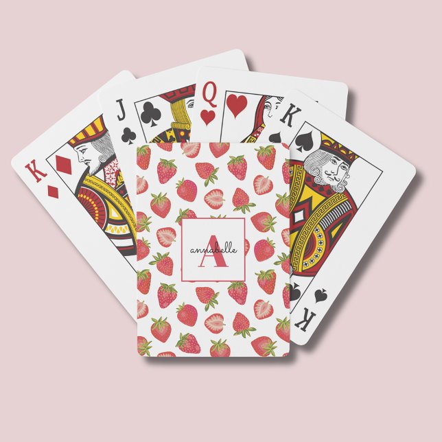 Monogram Summer Strawberry Personalized Playing Cards (Personalised strawberry playing cards.)