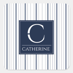 Monogram Summer Style Nautical White and Navy Blue Square Sticker