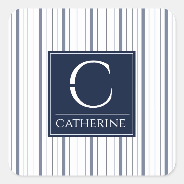 Monogram Summer Style Nautical White and Navy Blue Square Sticker (Front)