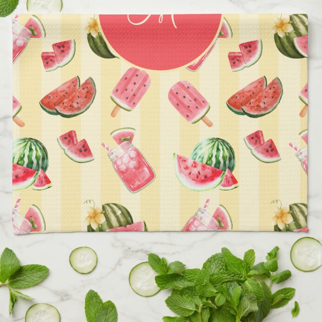 Monogram Summer Watermelon Drinks Pattern Kitchen Towel (Folded)