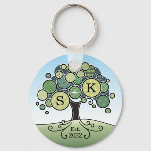 Monogram Summer Wedding Patchwork Pattern Tree Keychain