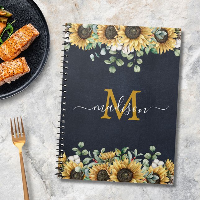 Monogram Sunflower Eucalyptus Floral Black Recipe  Notebook (In situ)