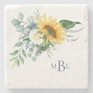 Monogram Sunflower Eucalyptus Stone Coaster