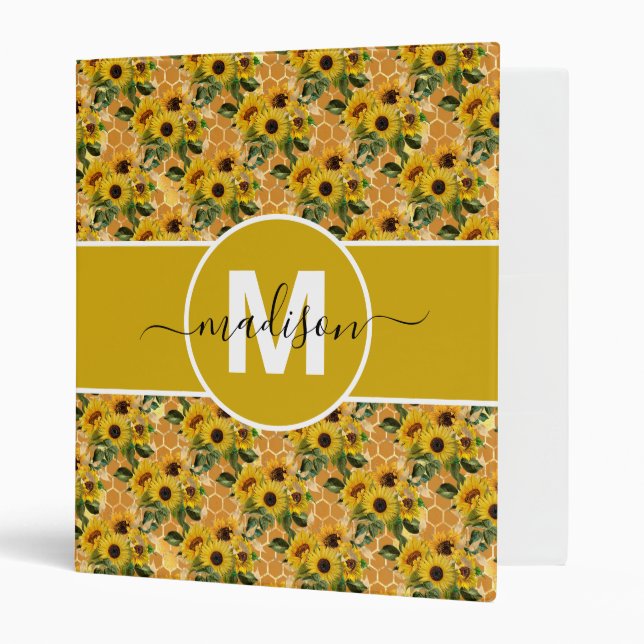 Monogram Sunflower Gold Bee Honeycomb Binder (Front/Inside)