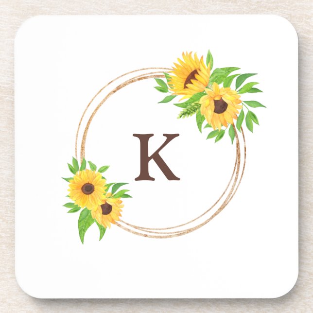 Monogram Sunflowers Gold Frame Green Leaves Rustic Coaster (Front)
