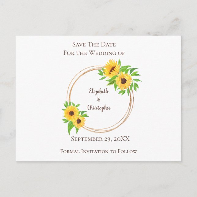 Monogram Sunflowers Green Leaves Rustic Wedding Announcement Postcard (Front)