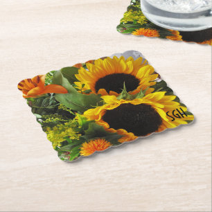 Monogram Sunflowers Print Scallop Paper Coasters