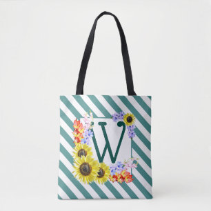 Monogram Sunflowers Teal Stripes Tote Bag