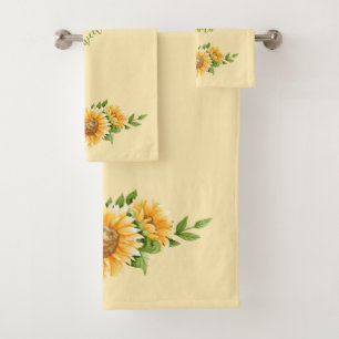 Monogram Sunflowers Yellow Green Floral Flowers Bath Towel Set