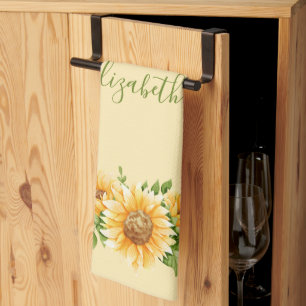 Monogram Sunflowers Yellow Green Floral Flowers  Kitchen Towel