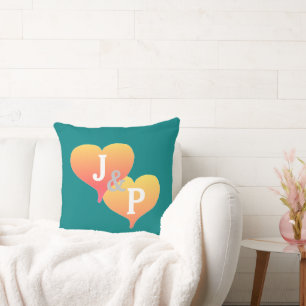 Monogram Sunset Heart Teal Green Reversible Pillow