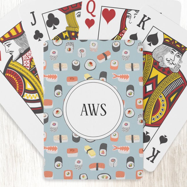 Monogram Sushi Playing Cards (Monogram initial personalized fun Japanese sushi art playing cards)