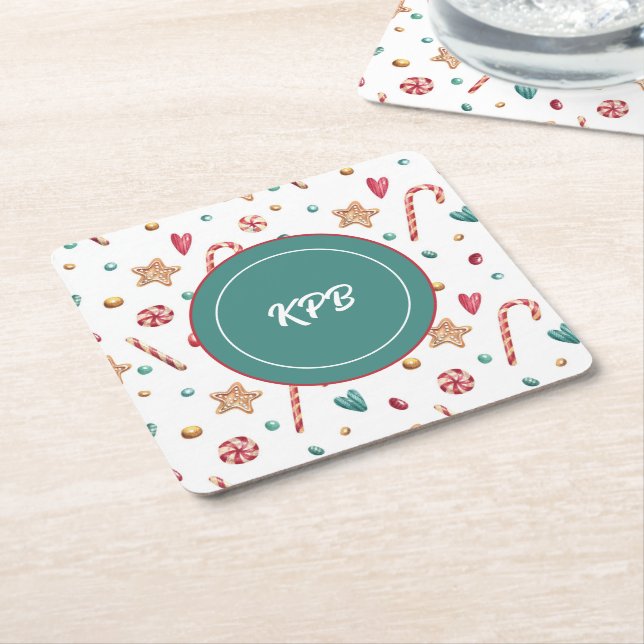 Monogram Sweet Candy Pattern Square Paper Coaster (Angled)