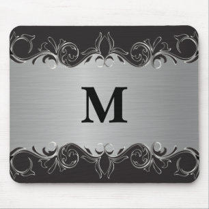 Monogram Swirl Black and Silver Design Mouse Pad