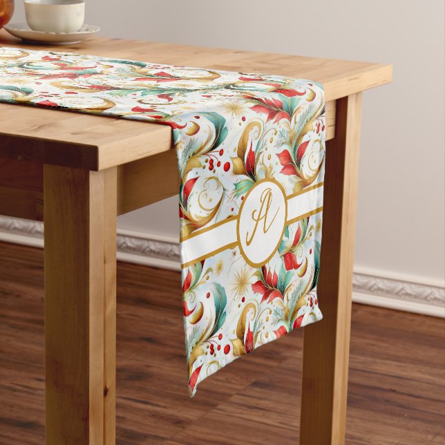 Monogram Swirled christmas floral Medium Table Runner (In Situ)