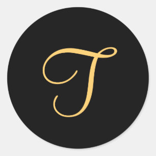 Monogram T,  gold coloured initial T on black, Classic Round Sticker