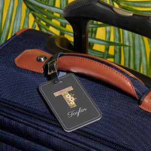 Monogram T gray wood letter flower Luggage Tag