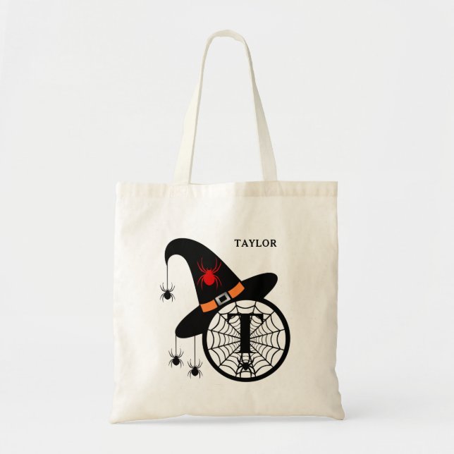 Monogram T Halloween Witch Spiders Your Name Tote Bag (Front)