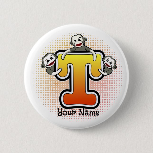 Monogram T Sock Monkey  2 Inch Round Button (Front)