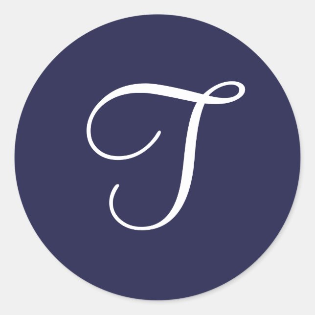 Monogram T, White on Navy Blue, Classic Round Sticker (Front)