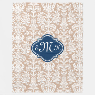 Monogram Tan And White Floral Damasks Fleece Blanket