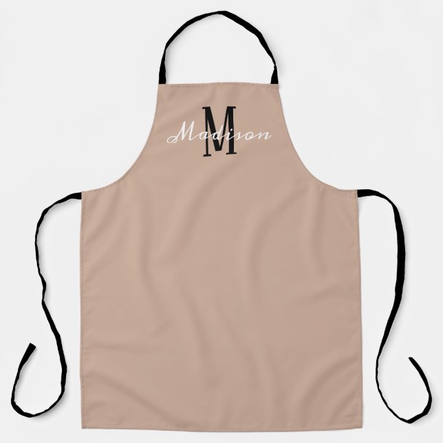 Monogram Tan Black Modern Script Personalized Apron (Front)