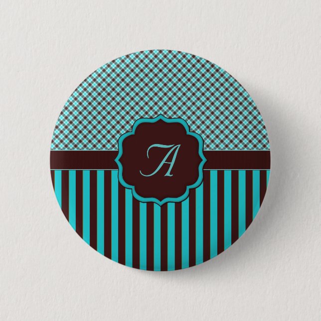 Monogram Tartan, Lt Teal Choc Brown 2 Inch Round Button (Front)