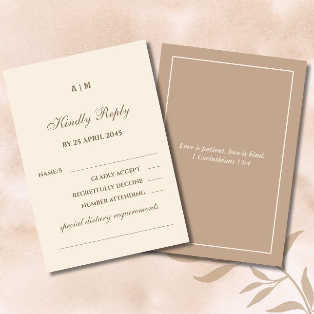 Monogram Taupe Cream Christian Wedding RSVP Card (Creator Uploaded)