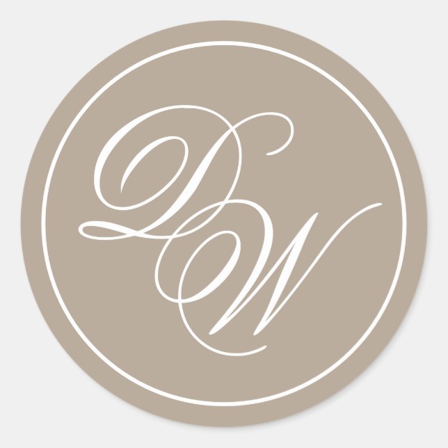 Monogram Taupe Elegant White Calligraphy Initials Classic Round Sticker (Front)