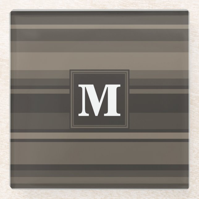 Monogram taupe stripes glass coaster (Front)