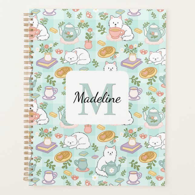 Monogram Tea & Bookish Cats Spiral Planner Green (Front)