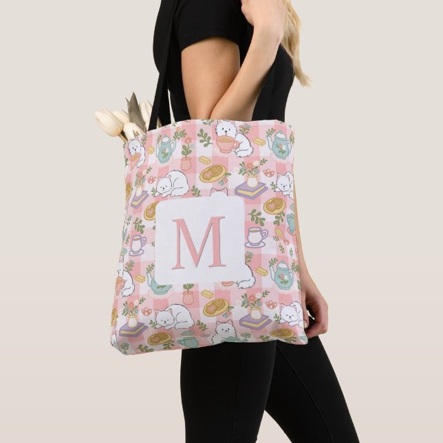Monogram Tea & Bookish Cats Tote Bag Pink (Close Up)
