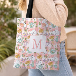 Monogram Tea & Bookish Cats Tote Bag Pink